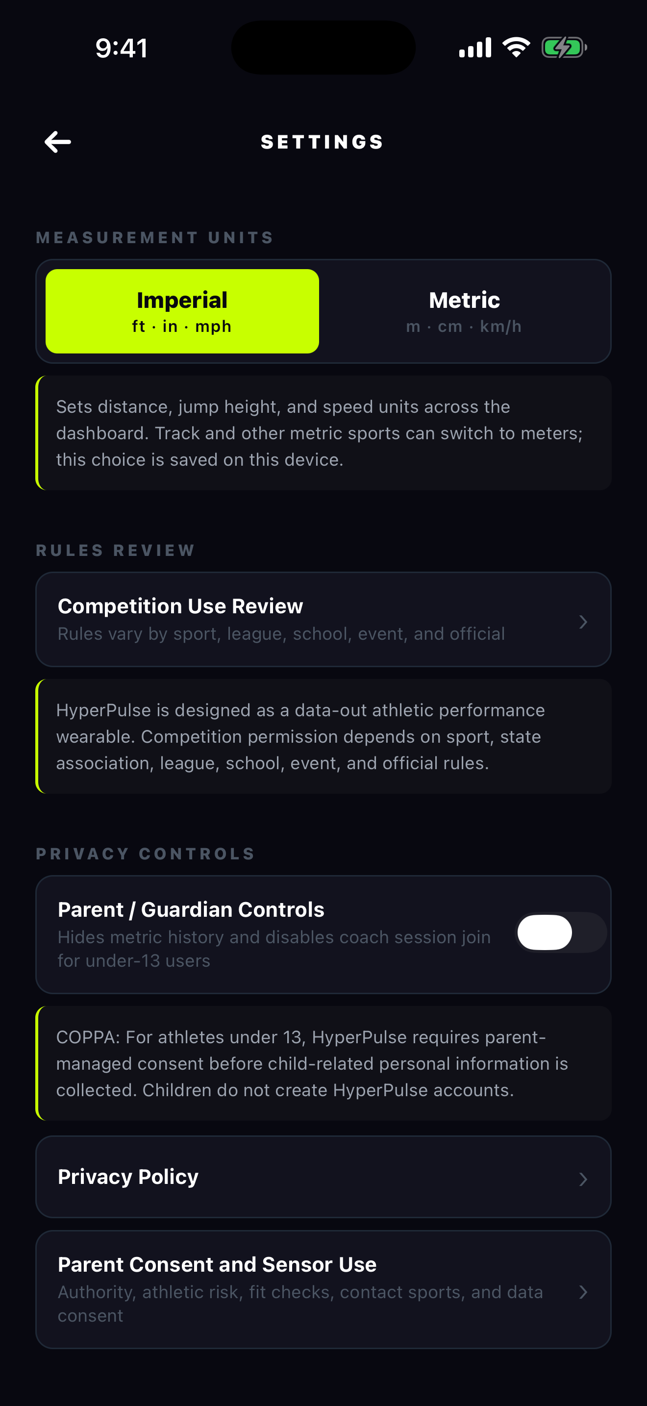 HyperPulse settings mockup showing parent controls and use boundaries