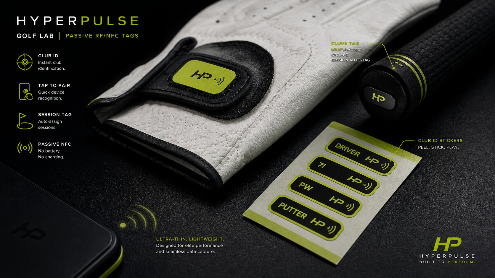 HyperPulse Golf Tags passive RF and NFC concept